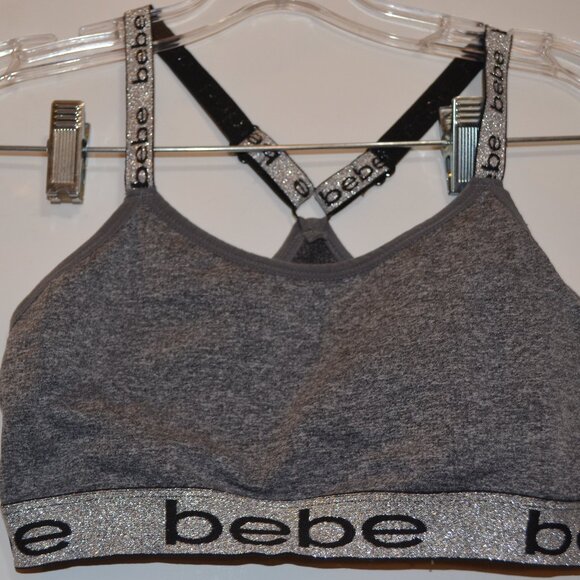 BEBE Intimates Pull-over Straps Nylon-Polyester-Spandex Gray Silver Lurex Top M - Picture 8 of 8
